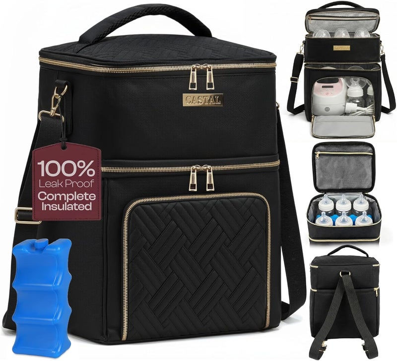 Castal Breast Pump Bag Spectra S1 S2–Insulated Spectra Pump Bag, Breastmilk Cooler Bag with Ice Pack–Leak-Proof Double Layer Breast Pump Travel Bag Holds 6 Milk Bottles with Elastic Strap–Black - Image 1